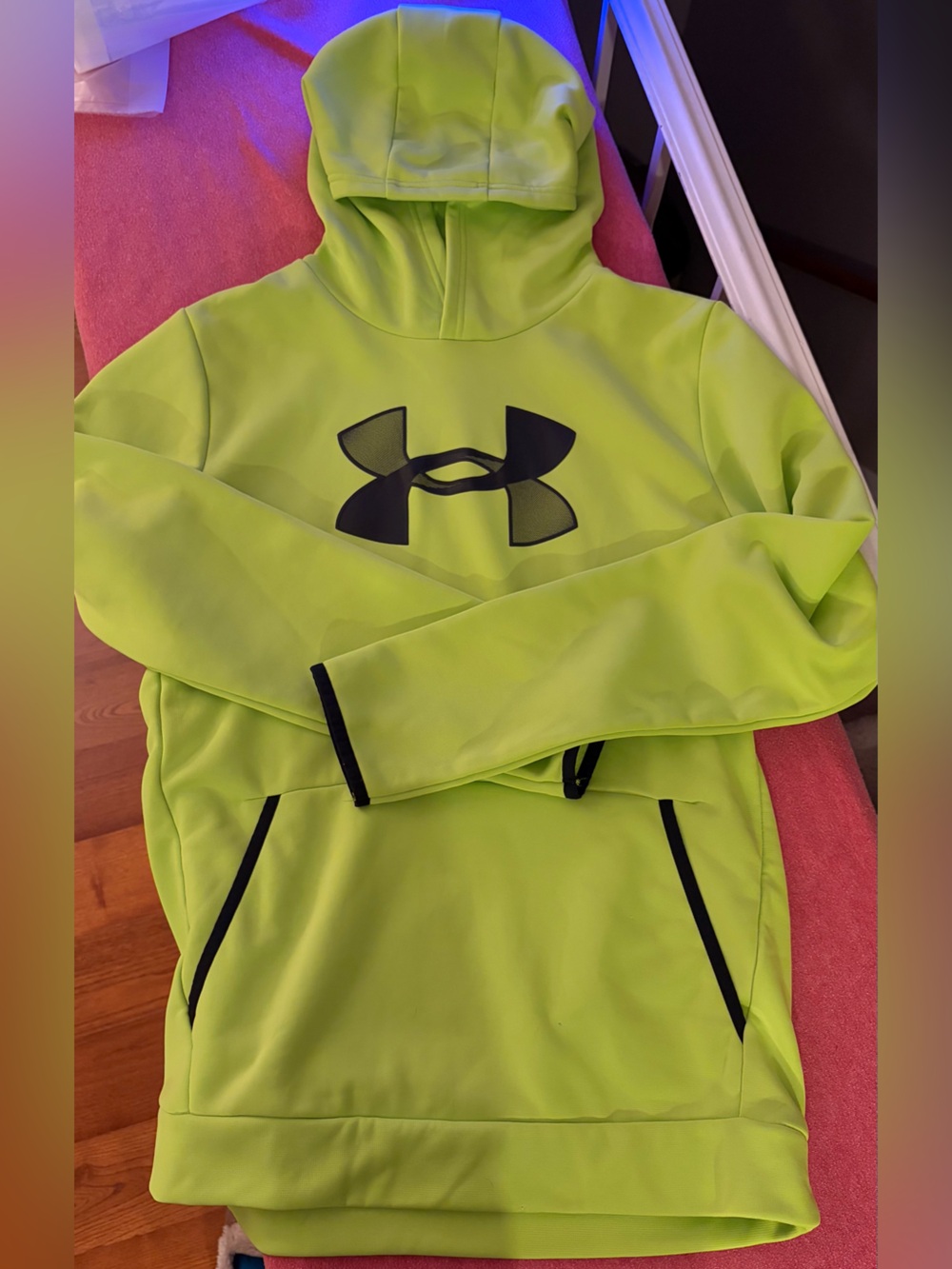 Under Armour Lime Green Pullover Hoodie with Black Logo Print, Size YXL
